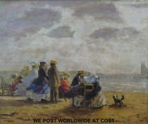 Oil on board figures and a dog on beach indistinctly signed lower right possibly A.