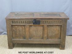 A 16th/17thC C peg jointed panelled chest with carved frieze raised on square legs (H68 x W122 x