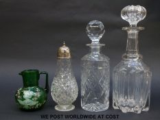 A hallmarked silver mounted cut glass sugar shaker (20cm tall),