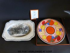 A large Wedgwood Clarice Cliff charger with box and certificate and a Crown Ducal meat plate