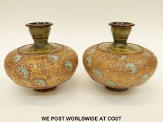 Royal Doulton pair of gilded squat vases decorated with turquoise flowers (15cm tall)