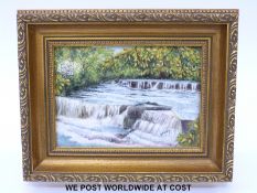 Royal Worcester plaque hand decorated with a waterfall scene, signed G.
