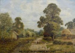 A 19thC/early 20thC oil on canvas lady and boy by a stream with farmyard beyond,