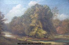 Hy Burrow oil on canvas landscape, cattle by a river,