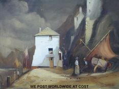 Jack R Mould (1925-1998) oil on canvas 'Harbour House Polperro' with houses,