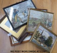 A quantity of pictures to include cubist/abstract oil on board, oil on canvas of a church,