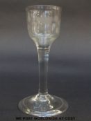 George II dinking glass with ogee bowl engraved with birds and roses over plain stem raised on