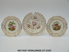 Meissen plate with reticulated rim and floral decoration and a pair of Continental plates with bird