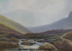 R J Lugg watercolour of a moorland scene (15x23cm) together with a pair of watercolours of Venice