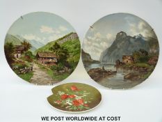 Three Staffordshire potteries hand painted chargers, signed verso DRW, FW,