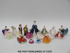 Approximately 17 small Royal Doulton figures including Let's Play & Debbie and two Dickens figures