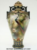 Hadley's Worcester large twin handled covered vase with peacock decoration (33cm tall)