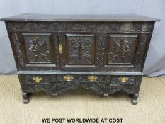 A 19thC oak sideboard with three fitted drawers and carved decoration of dragons and tree of life