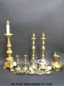 A collection of table lamps, horse brasses,