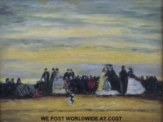 Oil on board figures on beach indistinctly signed lower right possibly A.