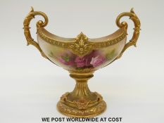 Royal Worcester twin handled pedestal bowl hand painted with roses,