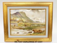 Bronte Porcelain porcelain plaque hand decorated with Highland Cattle beside a river in mountainous