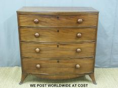 A 19thC mahogany bow front chest of two over three graduated drawers with shaped apron raised on