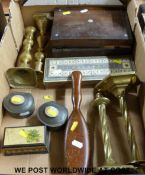 A pair of Tudric pewter caskets with mother-of-pearl cabochons, brass candlesticks,