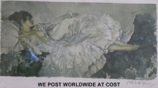 William Russell Flint pencil signed print reclining semi clad lady together with a further similar