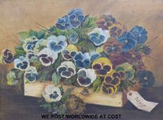 Victorian oil on canvas still life of a box of pansies,
