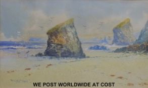 F.Leyton watercolour Bedruthan Steps, Cornwall (11.