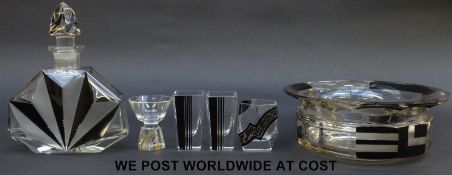 Six Art Deco style glass items comprising large bowl, pair of vases,