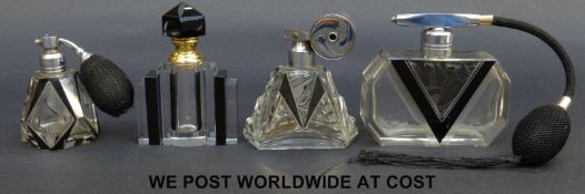 Three Art Deco style glass atomisers and a scent bottle, all with black flash overlaid decoration,