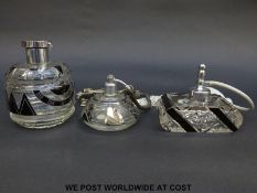 Three Art Deco style glass atomisers all with flash overlaid and engraved decoration, c1950,
