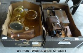 Two 19thC mahogany writing slopes, a pair of WW1 era Ministry-marked binocular, a copper jug,