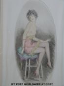 A pair of hand coloured etchings of semi clad ladies,