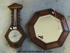 A Short & Mason barometer/thermometer together with an oak framed octagonal mirror