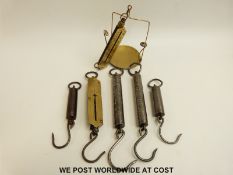 Seven spring balances to include Salter letter balance with pen and letter rack below,