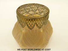 Loetz or Kralik iridescent glass flower frog of globular form with gilt metal cover,