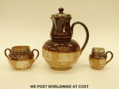 Doulton Lambeth salt glazed hallmarked silver mounted tea set (tallest 21cm)