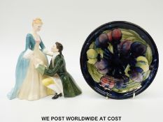 Moorcroft plate in Wisteria pattern (18cm) c1930 together with Royal Doulton figure The Suitor