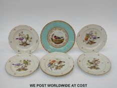 Flight Barr & Barr plate with a bullfinch to the centre and aqua and gilt rim together with six