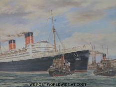 S W Fisher signed limited edition (162/500) print 'The Queen Elizabeth at Southampton' also signed
