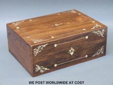 Mother of pearl inlaid rosewood work box, width 30.