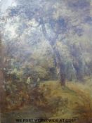 Attributed to Thomas Barker of Bath, oil on paper of a woodland path with figure beside a stream,