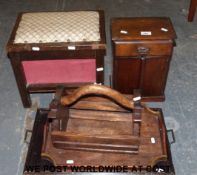 A stained pine smoker's cabinet, workbox, wooden basket,