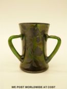 Loetz style iridescent glass tyg with overlaid silver decoration, 8.8cm tall.