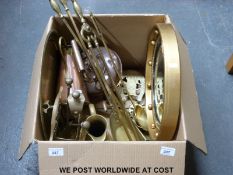 A box of sundry brass and copper ware including a companion set, kettle etc,