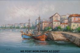 Acrylic on board of a harbour scene, signed lower left in a gilt frame,
