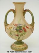 Royal Worcester blush ivory twin handled pedestal vase decorated with thistles and flowers,