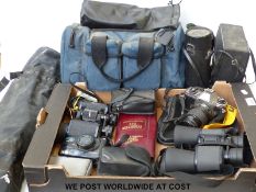A quantity of cameras, binoculars lenses etc to include Nikon FG-20 with Kiron 30-80cm f 3.5-4.