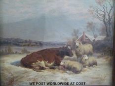 Amos Watmough oil on canvas cow and sheep resting in a snowy landscape with houses,
