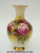 Royal Worcester pedestal vase hand decorated with roses and signed M.