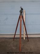 A cased Stanley London surveyor's level together with tripod and height staff