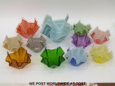 Eleven Chance Glass handkerchief vases/ bowls all with coloured decoration,